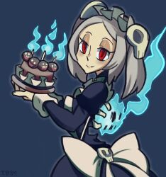 Rule 34 | 1girl, animated, apron, birthday, birthday cake, bloody marie (skullgirls), blush, cake, candle, fire, food, frilled apron, frills, grey hair, hair ornament, half-closed eyes, juliet sleeves, long sleeves, looking at viewer, looking back, maid headdress, puffy sleeves, red eyes, ribs, skeleton, skull hair ornament, skullgirls, solo, tagme, thabackbone1, twintails, video