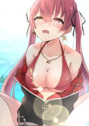 Rule 34 | 1girl, bare shoulders, bikini, breasts, cleavage, earrings, heterochromia, highres, hololive, houshou marine, houshou marine (summer), indian style, jacket, jewelry, kuratarou0011, necklace, off shoulder, open mouth, red bikini, red eyes, red hair, sitting, solo, sweat, swimsuit, twintails, virtual youtuber, yellow eyes
