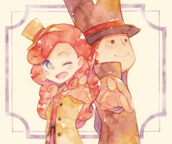 Rule 34 | 1boy, 1girl, ;), ;d, back-to-back, black eyes, black hat, black headwear, blue eyes, blush stickers, brown hair, father and daughter, hand on own hip, hat, hershel layton, jacket, katrielle layton, layton&#039;s mystery journey, level-5, looking at viewer, oharu-chan, one eye closed, open mouth, painting (medium), pointing, pointing at viewer, professor layton, red hair, smile, standing, top hat, traditional media, watercolor (medium), yellow hat, yellow jacket