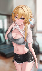 Rule 34 | 1girl, absurdres, alternate costume, black shorts, blonde hair, blurry, blurry background, breasts, clothes lift, commentary request, cowboy shot, crop top, dolphin shorts, genshin impact, highres, ilbanseomin, indoors, large breasts, lifting own clothes, long hair, looking at viewer, lumine (genshin impact), midriff, navel, parted lips, shirt, shirt lift, short shorts, short sleeves, shorts, sidelocks, solo, sports bra, standing, stomach, thighs, white shirt, yellow eyes