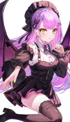 Rule 34 | 1girl, aria (ariacue), detached sleeves, green eyes, highres, hololive, long hair, looking at viewer, purple hair, simple background, smile, solo, tokoyami towa, virtual youtuber, wings