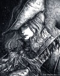 Rule 34 | 1girl, armor, artist name, bloodborne, bluestraycatart, commentary, gloves, graphite (medium), greyscale, hat, highres, holding, holding sword, holding weapon, jewelry, lady maria of the astral clocktower, long hair, looking at viewer, monochrome, pendant, rakuyo (bloodborne), shoulder armor, signature, sketch, solo, sword, traditional media, tricorne, weapon, white hair