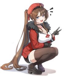 Rule 34 | 1girl, :d, beret, black choker, black footwear, black gloves, black shorts, black thighhighs, blue eyes, breasts, brown hair, choker, cleavage, coat, collarbone, commentary, commission, female commander (girls&#039; frontline), fur-trimmed coat, fur trim, girls&#039; frontline, gloves, god284777, griffin &amp; kryuger military uniform, hat, highres, large breasts, long hair, looking at viewer, open mouth, ponytail, red coat, red hat, shirt, shorts, simple background, smile, solo, squatting, thighhighs, v, very long hair, white background, white shirt