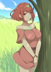 Rule 34 | 1girl, absurdres, bare shoulders, belt, belt buckle, blue sky, bracelet, breasts, brown belt, buckle, chest jewel, closed mouth, commentary request, cowboy shot, dress, earrings, grasslands, highres, jewelry, looking at viewer, medium breasts, pink dress, pyra (xenoblade), red eyes, red hair, ryochan96154, short sleeves, sky, smile, solo, strapless, strapless dress, swept bangs, tiara, tree, xenoblade chronicles (series), xenoblade chronicles 2