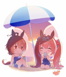 Rule 34 | 2girls, ^ ^, agnes tachyon (umamusume), ahoge, animal ears, bare arms, bare shoulders, barefoot, beach, beach umbrella, blue one-piece swimsuit, blush stickers, breasts, brown hair, can, chibi, closed eyes, closed mouth, crab, daiwa scarlet (umamusume), highres, holding, holding can, horizon, horse ears, horse girl, horse tail, knees up, long hair, looking at another, medium breasts, multiple girls, one-piece swimsuit, red eyes, sak (saku6sak), sand, school swimsuit, seiza, short hair, sitting, small breasts, smile, sunset, swimsuit, tail, tiara, tongue, tongue out, tracen swimsuit, twintails, umamusume, umbrella