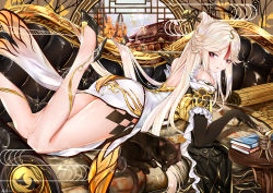 Rule 34 | 1girl, absurdres, arisu (wangyunqiu), bare legs, bare shoulders, black cat, black footwear, black gloves, book, cat, elbow gloves, eyebrows, genshin impact, gloves, hair ornament, hairpin, high heels, highres, long hair, looking at viewer, lying, ningguang (genshin impact), on stomach, parted bangs, parted lips, red eyes, solo