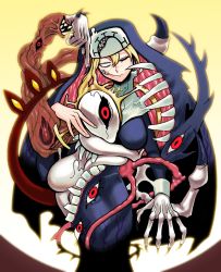 Rule 34 | 1girl, black sclera, blank eyes, blonde hair, breasts, claws, colored sclera, double (skullgirls), extra eyes, habit, highres, large breasts, monster, monster girl, nun, one eye closed, red eyes, skullgirls, smile, solo, yellow background, zidai okuraven