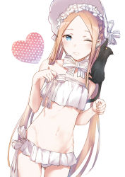 Rule 34 | 1girl, abigail williams (fate), abigail williams (swimsuit foreigner) (fate), abigail williams (swimsuit foreigner) (third ascension) (fate), animal, animal on shoulder, bikini, black cat, blonde hair, blue eyes, blush, bonnet, cat, fate/grand order, fate (series), heart, long hair, one eye closed, parted bangs, satsumi, sidelocks, swimsuit, white background, white bikini, white headwear