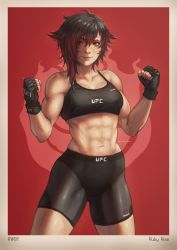 Rule 34 | 1girl, abs, absurdres, alternate costume, asymmetrical hair, bike shorts, black bra, black hair, border, bra, breasts, character name, clenched hands, copyright name, cowboy shot, fingerless gloves, gloves, gradient hair, grey eyes, hair over one eye, highres, kuon (kwonchanji), legs apart, light smile, lips, looking at viewer, medium breasts, messy hair, midriff, multicolored hair, muscular, muscular female, navel, nose, red background, red hair, ruby rose, rwby, short hair, solo, sports bra, standing, thighs, two-tone hair, ultimate fighting championship, underwear, veins, white border