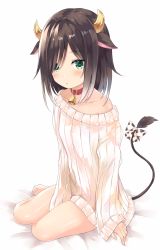 Rule 34 | 1girl, :o, animal ears, animal print, bare shoulders, barefoot, bed sheet, bell, black hair, blush, bow, chinese zodiac, collar, collarbone, commentary request, cow ears, cow girl, cow horns, cow print, cow tail, full body, green eyes, grey background, highres, horns, looking at viewer, mizumidori, neck bell, off shoulder, original, parted lips, print bow, red collar, ribbed sweater, sitting, solo, sweater, swept bangs, tail, tail bow, tail ornament, white sweater, year of the ox, yokozuwari
