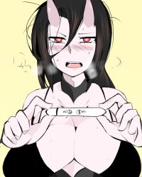 Rule 34 | 10s, 1girl, abyssal ship, battleship princess, black dress, blush, breasts, brown hair, cleavage, dress, facing viewer, female focus, hair between eyes, heavy breathing, horns, kantai collection, large breasts, long hair, looking at viewer, meme, messy hair, open mouth, pregnancy test, pregnant, red eyes, simple background, skin-covered horns, solo, star-shaped pupils, star (symbol), sukueni, sweatdrop, symbol-shaped pupils, yellow background