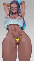 1girl armpit_crease arms_behind_head arms_up blue_eyes blush breasts cameltoe cleft_of_venus creatures_(company) crop_top dark_skin earrings game_freak hoop_earrings jewelry looking_at_viewer mili_leona_orochi multicolored_hair navel nessa_(pokemon) nintendo nipples pokemon pokemon_swsh see-through shirt simple_background solo steam stomach t-shirt tan thighs wet wet_clothes