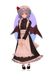 Rule 34 | 1girl, alternate costume, apron, apron grab, bat wings, black dress, black footwear, blue hair, bow, closed mouth, commentary request, dress, enmaided, eyebrows hidden by hair, flat chest, full body, hair between eyes, hat, hat bow, highres, light blush, light frown, long sleeves, looking at viewer, maid, majime joe, mary janes, mob cap, petticoat, pointy ears, red bow, red eyes, remilia scarlet, shoes, short hair, simple background, solo, touhou, v arms, white apron, white background, white hat, white legwear, wings