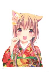 Rule 34 | 1girl, absurdres, animal ears, artist name, blush, brown eyes, brown hair, cat ears, eyes visible through hair, flower, hair between eyes, hair bobbles, hair flower, hair ornament, highres, hinako note, japanese clothes, kimono, long hair, looking at viewer, march-bunny, open mouth, page number, paw pose, pink flower, red kimono, sakuragi hinako, simple background, solo, twintails, white background, white flower, yellow flower, yukata