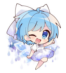 Rule 34 | 1girl, ;d, absurdres, ahoge, alternate costume, aqua eyes, aqua hair, blush, bow, chibi, cirno, clenched hand, collared dress, commentary request, dress, gradient dress, grey ribbon, highres, ice, ice wings, leg up, looking at viewer, misosiru 0224, neck ribbon, one eye closed, open mouth, pointing, pointing forward, puffy short sleeves, puffy sleeves, ribbon, short hair, short sleeves, simple background, smile, touhou, white background, white bow, white dress, wings