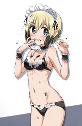 Rule 34 | 1girl, absurdres, bikini, blonde hair, blue eyes, blush, breasts, chocolate, chocolate on body, choker, cleavage, closed mouth, collarbone, erica hartmann, female focus, food on body, frilled bikini, frilled choker, frills, groin, highres, looking at viewer, maid, maid bikini, maid headdress, navel, shiny skin, short hair, simple background, small breasts, solo, standing, strike witches, swimsuit, tokiani, unconventional maid, wavy mouth, white background, world witches series, wrist cuffs