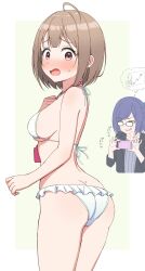 Rule 34 | 2girls, a-chan (2nd costume) (hololive), a-chan (hololive), ahoge, ass, bikini, blue hair, blush, breasts, brown hair, butt crack, embarrassed, evil grin, evil smile, frilled bikini, frills, glasses, grin, harusaki nodoka, highres, hololive, looking at viewer, looking back, medium breasts, multiple girls, norigure18, pink eyes, short hair, sideboob, simple background, smile, solo focus, sweat, swimsuit, taking picture, virtual youtuber, white background