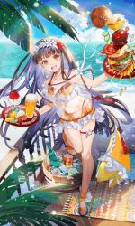 Rule 34 | 1girl, alcohol, beach, beer, bikini, blue sky, bottle, burger, can, chang&#039;e (destiny child), cheese, cloud, destiny child, drink can, flower, food, french fries, fries, hair flower, hair ornament, long hair, palm leaf, pickle, rainbow, sandals, see-through, see-through shirt, shaved ice, sky, soda can, solo, swimsuit, tassel, thigh strap, water, waves
