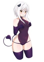 Rule 34 | 1girl, bare shoulders, black gloves, blush, breasts, cat hair ornament, choker, covered navel, covering privates, covering breasts, cowboy shot, demon girl, demon tail, elbow gloves, female focus, gloves, hair between eyes, hair ornament, halterneck, high school dxd, highres, leotard, lizta, looking at viewer, medium breasts, panties, short hair, simple background, sleeveless, solo, tail, thighhighs, toujou koneko, underwear, white background, white hair, yellow eyes