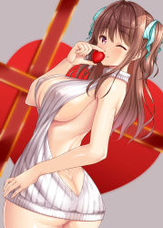 Rule 34 | 1girl, absurdres, ass, backless outfit, bare arms, bare back, breasts, brown eyes, brown hair, butt crack, candy, closed mouth, commentary request, covered erect nipples, food, from behind, grey background, hair ribbon, heart, highres, holding, holding candy, holding food, large breasts, looking at viewer, looking back, medium hair, meme attire, no bra, no panties, one eye closed, original, ribbed sweater, ribbon, sideboob, smile, solo, standing, sweater, thighs, twisted torso, uehiro, valentine, virgin killer sweater