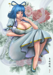 Rule 34 | 1girl, adapted costume, amibazh, blue dress, blue hair, breast hold, breasts, cleavage, covered erect nipples, dress, expressionless, flower, grey eyes, hair ornament, hair rings, hair stick, highres, huge breasts, huge nipples, impossible clothes, impossible dress, juliet sleeves, kaku seiga, large areolae, long sleeves, puffy sleeves, see-through, shawl, short hair, skin tight, slippers, solo, touhou