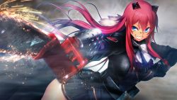 Rule 34 | 1girl, belt, blue eyes, bow, breasts, chainsaw, clenched teeth, fighting stance, floating hair, fur trim, game cg, glasses, gloves, holding, kibanohara ethica, large breasts, legs, long hair, long sleeves, looking at viewer, nitroplus, oosaki shin&#039;ya, outdoors, red-framed eyewear, red hair, semi-rimless eyewear, simple background, skirt, smile, solo, standing, teeth, thighs, tokyo necro