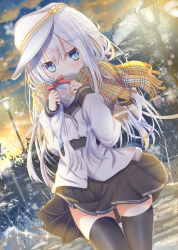 Rule 34 | 1girl, aruka (alka p1), black sailor collar, black skirt, black thighhighs, blue eyes, buttons, commentary request, fringe trim, hair between eyes, hammer and sickle, hat, hibiki (kancolle), highres, holding, kantai collection, long hair, long sleeves, plaid, plaid scarf, pleated skirt, sailor collar, sailor shirt, scarf, shirt, silver hair, skirt, snow, solo, thighhighs, verniy (kancolle), white hat, white shirt, yellow scarf