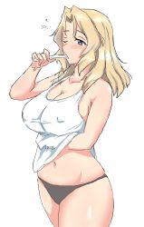 Rule 34 | 1girl, 20100813, blonde hair, blue eyes, blush, brushing teeth, covered erect nipples, girls und panzer, hand under clothes, hand under shirt, highres, kay (girls und panzer), long hair, panties, shirt, simple background, sketch, solo, tank top, toothbrush, underwear, white background