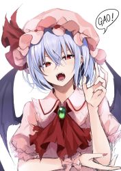 Rule 34 | 1girl, bad id, bad twitter id, bat wings, blue hair, commentary request, hair between eyes, hat, highres, hyurasan, looking at viewer, mob cap, open mouth, pink hat, red eyes, red neckwear, remilia scarlet, short hair, simple background, solo, touhou, upper body, white background, wings