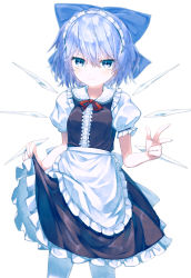 Rule 34 | 1girl, alternate costume, apron, arms up, black skirt, black vest, blue bow, blue eyes, blue hair, bow, cirno, clothes lift, commentary, cowboy shot, enmaided, hair between eyes, hair bow, highres, kisamu (ksmz), lifted by self, looking at viewer, maid, maid headdress, neck ribbon, pantyhose, petticoat, puffy short sleeves, puffy sleeves, red ribbon, ribbon, shirt, short hair, short sleeves, simple background, skirt, skirt lift, smile, solo, touhou, vest, w, waist apron, white background, white pantyhose, white shirt, wings