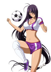 Rule 34 | 00s, 1girl, american football (object), ball, black hair, breasts, cleavage, collarbone, crop top, eyebrows, hair over one eye, ikkitousen, kan&#039;u unchou, large breasts, leg up, long hair, low-tied long hair, navel, purple shorts, shiny skin, short shorts, shorts, simple background, smile, soccer ball, soccer uniform, solo, sportswear, thighhighs, very long hair, white background, white thighhighs