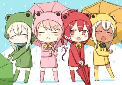 Rule 34 | 4girls, ^ ^, alternate costume, animal costume, boots, bow, bowtie, closed eyes, coat, engiyoshi, flower, frog costume, hair between eyes, holding, holding umbrella, i-168 (kancolle), i-58 (kancolle), kantai collection, multiple girls, open mouth, pink coat, pink hair, raincoat, red eyes, red hair, ro-500 (kancolle), smile, tan, u-511 (kancolle), umbrella, v-shaped eyebrows, water drop, white hair