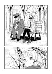 Rule 34 | 10s, 1boy, 2girls, admiral (kancolle), bench, blush, comic, eating, female admiral (kancolle), gloves, greyscale, hat, headgear, kantai collection, long hair, monochrome, multiple girls, murakumo (kancolle), nathaniel pennel, nature, outdoors, pantyhose, peaked cap, plant, polearm, scarf, sitting, sky, smile, spear, sweater, weapon