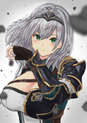 Rule 34 | 1girl, 6mint, absurdres, armor, black gloves, blush, breasts, chest guard, cleavage, commentary request, debris, fingerless gloves, gloves, green eyes, grey background, grey hair, headpiece, highres, hololive, large breasts, looking at viewer, mole, mole on breast, pauldrons, shirogane noel, shirogane noel (1st costume), short hair, shoulder armor, single pauldron, single vambrace, smile, solo, upper body, vambraces, virtual youtuber