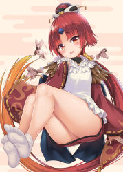 Rule 34 | 1girl, animal, apron, ass, bare legs, benienma (fate), bird, blush, brown hat, brown kimono, commentary request, egasumi, fate/grand order, fate (series), feet, fingernails, gradient hair, hand up, hat, head tilt, highres, japanese clothes, kimono, long hair, long sleeves, looking at viewer, low ponytail, milkshakework, multicolored hair, no shoes, orange hair, parted bangs, ponytail, red eyes, red hair, revision, short kimono, sleeves past wrists, socks, solo, very long hair, white apron, white socks, wide sleeves