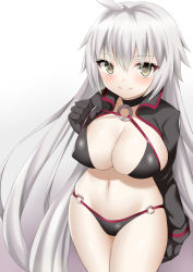 Rule 34 | 1girl, ahoge, bikini, black bikini, black gloves, black jacket, breasts, brown eyes, cleavage, closed mouth, commentary request, covered erect nipples, fate/grand order, fate (series), gloves, hair between eyes, jacket, jeanne d&#039;arc alter (swimsuit berserker) (fate), jeanne d&#039;arc (fate), jeanne d&#039;arc alter (fate), jeanne d&#039;arc alter (swimsuit berserker) (fate), large breasts, long hair, long sleeves, o-ring, o-ring bikini, o-ring bottom, open clothes, open jacket, shrug (clothing), silver hair, smile, solo, swimsuit, toshishikisai, very long hair