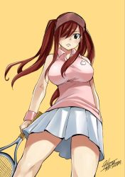 Rule 34 | 1girl, animal print, black eyes, breasts, cat print, erza scarlet, fairy tail, from below, holding, large breasts, long hair, looking at viewer, looking down, mashima hiro, official art, pink skirt, pleated skirt, racket, red hair, signature, simple background, skirt, sleeveless, solo, sportswear, tennis racket, tennis uniform, twintails, white skirt, wrist cuffs, yellow background