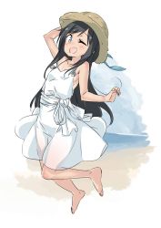 Rule 34 | 10s, 1girl, alternate costume, arm up, asashio (kancolle), bad id, bad twitter id, bare arms, bare legs, bare shoulders, barefoot, black hair, blue eyes, blush, breasts, collarbone, dress, ebifurya, eyebrows, full body, hat, highres, inactive account, kantai collection, long hair, looking at viewer, one eye closed, open mouth, sidelocks, sleeveless, sleeveless dress, small breasts, smile, solo, straw hat, sundress, white background, white dress