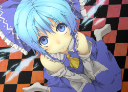 Rule 34 | 1girl, :3, ascot, bad id, bad pixiv id, blue eyes, blue hair, checkered floor, cirno, cosplay, detached sleeves, face, floor, from above, hakurei reimu, hakurei reimu (cosplay), japanese clothes, looking up, matching hair/eyes, miko, sitting, solo, touhou, v arms, wariza, yoo (jqtgt), yoo (tabi no shiori)