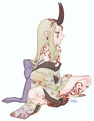 Rule 34 | 1girl, bare shoulders, blonde hair, body markings, expressionless, facial mark, fate/grand order, fate (series), fingernails, floral print, forehead mark, full body, horns, ibaraki douji (fate), indian style, isagiyo, japanese clothes, kimono, obi, off shoulder, oni, oni horns, print kimono, profile, sash, sharp fingernails, simple background, sitting, solo, white background, yellow eyes