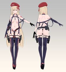Rule 34 | 1girl, ass, beret, black gloves, black thighhighs, blonde hair, breasts, character sheet, cleavage, dishwasher1910, elbow gloves, gloves, grey background, hat, highres, kitagawa marin, large breasts, long hair, looking at viewer, multiple views, navel, original, red headwear, shotgun shell, simple background, skindentation, smile, standing, thighhighs