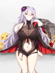 Rule 34 | 1girl, azur lane, bare legs, breasts, cleavage, clothing cutout, coat, dress, expressionless, flower, fur trim, graf zeppelin (azur lane), graf zeppelin (beachside urd) (azur lane), grey background, hair between eyes, hair flower, hair ornament, highres, large breasts, long hair, long sleeves, looking at viewer, midriff, navel, navel cutout, off shoulder, red eyes, satou rin (gobugabuge), see-through, silver hair, simple background, sitting, solo