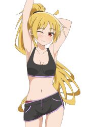 Rule 34 | 1girl, absurdres, alternate costume, arm behind head, arm up, armpits, black scrunchie, black shorts, black sports bra, bocchi the rock!, breasts, commentary, hair ornament, hair scrunchie, high ponytail, highres, ijichi seika, medium breasts, navel, one eye closed, panties, red panties, scrunchie, shorts, simple background, solo, sports bra, standing, stretching, thundradrawings, underwear, wavy mouth, white background