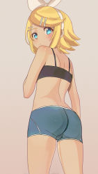 Rule 34 | 1girl, aruman, ass, bad id, bad pixiv id, black tank top, blonde hair, blue eyes, blue shorts, bow, brown background, commentary, cowboy shot, crop top, dot mouth, from behind, hair bow, hair ornament, hair ribbon, hairclip, highres, kagamine rin, looking at viewer, looking back, ribbon, short shorts, shorts, simple background, solo, swept bangs, tank top, thighs, vocaloid, white ribbon