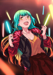 Rule 34 | 1girl, absurdres, blue hair, blush, breasts, cleavage, concert, dutch angle, fang, highres, jacket, lipstick, makeup, medium breasts, multicolored hair, original, red eyes, red jacket, red lips, shijie jianfa, short hair, slit pupils, smile, solo, sweat