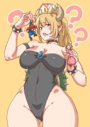 Rule 34 | 1boy, 2girls, armband, black choker, black leotard, blonde hair, blue eyes, blush, borrowed character, bowsette, bracelet, breasts, brown footwear, cameltoe, choker, cleavage, clenched teeth, collarbone, crown, dragon horns, dress, giant, giantess, hat, highres, holding person, horns, jewelry, large breasts, leotard, long hair, mario, mario (series), multiple girls, nintendo, overalls, pink dress, pointy ears, ponytail, princess peach, red hat, shell, simple background, size difference, solo focus, spiked bracelet, spiked choker, spikes, super crown, teeth, thick thighs, thighs, uru (uru0000), wide hips, yellow background