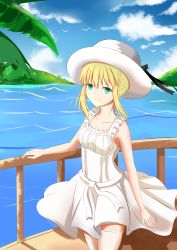 Rule 34 | 1girl, absurdres, artoria pendragon (all), artoria pendragon (fate), bird, blonde hair, blue sky, breasts, closed mouth, cloud, cowboy shot, day, dress, fate (series), green eyes, hat, highres, ice spirit tarot, looking at viewer, medium breasts, outdoors, palm tree, plant, railing, saber (fate), sky, smile, solo, tree, water, waves, white dress, white hat, white legwear