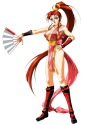 Rule 34 | 1990s (style), 1girl, breasts, breasts apart, fatal fury, large breasts, long hair, looking at viewer, muscular, official art, oobari masami, panties, pelvic curtain, ponytail, red hair, retro artstyle, revealing clothes, shiranui mai, sideboob, simple background, smile, solo, the king of fighters, thong, toned, underwear, very long hair