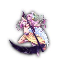 Rule 34 | 1girl, angel wings, ass, asymmetrical legwear, breasts, butt crack, spiked halo, crop top, cross, elbow gloves, evil grin, evil smile, feathered wings, full body, gloves, gradient hair, grin, halo, holding, holding weapon, jibril (no game no life), kanpani girls, large breasts, long hair, low wings, magic circle, midriff, mismatched legwear, multicolored eyes, multicolored hair, no game no life, official art, pink hair, purple eyes, scythe, shoes, sideboob, single shoe, smile, solo, symbol-shaped pupils, tattoo, transparent background, very long hair, weapon, white wings, wing ears, wings, yellow eyes