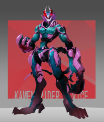 Rule 34 | 1boy, armor, copyright name, dinosaur, dinosaur boy, dinosaur tail, fingernails, grey background, kamen rider, kamen rider revi, kamen rider revice, monster boy, monsterification, name connection, pink armor, rcj, red background, red eyes, reiwa, revice driver, rex genome, shaded face, shadow, sharp fingernails, sharp teeth, simple background, stylistic, tail, teeth, thighs